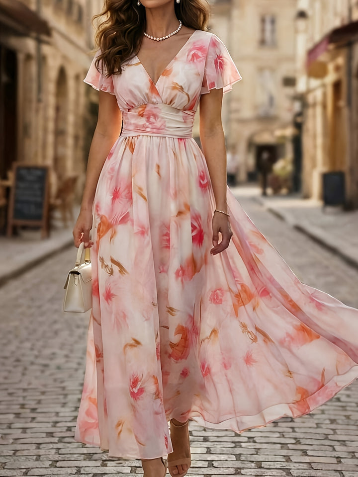 Floral Flutter Sleeve Deep V Neck Flowy Maxi Dress - Wedding Guest