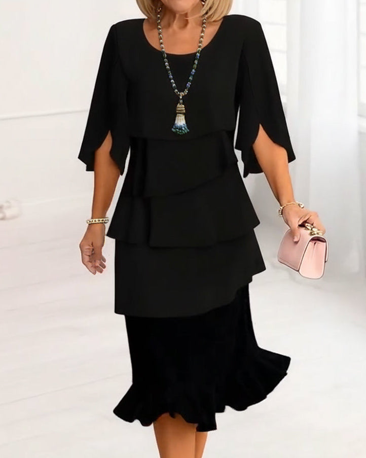 Tiered Ruffle Cape Sleeve Layered Midi Dress - Formal Evening Gown