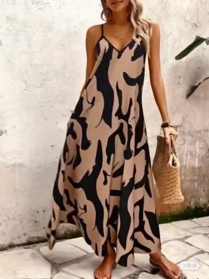 Abstract Camo Print Spaghetti Strap V Neck Flowy Maxi Dress