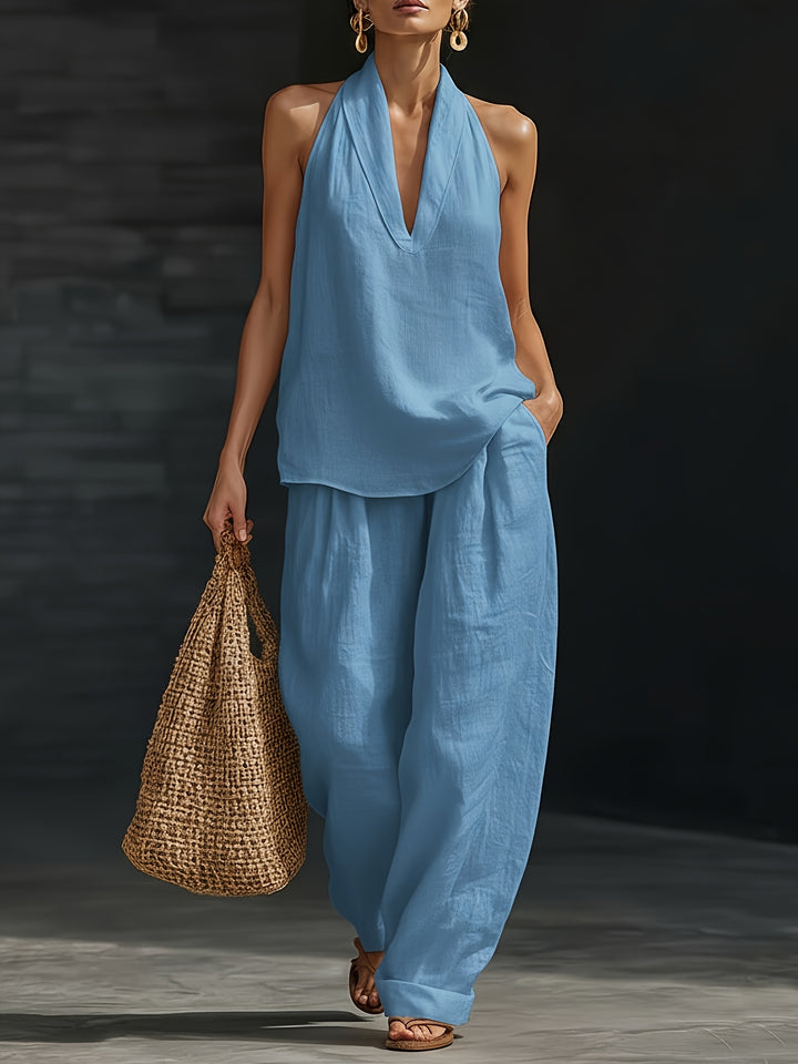 Linen Halter V Neck Backless Top and Wide Leg Pants Set