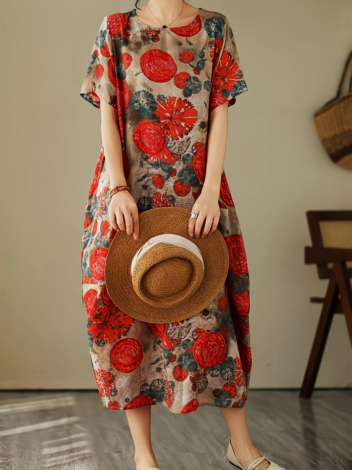 Vintage Botanical Print Crew Neck Short Sleeve Loose Linen Maxi Dress