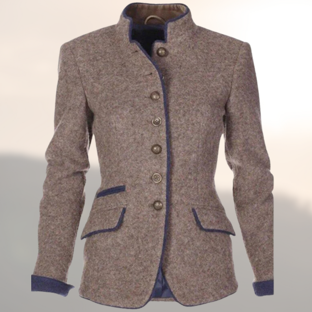 Contrast Trim Stand Collar Button Up Fitted Wool Blazer