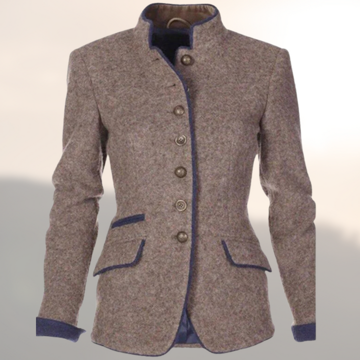 Contrast Trim Stand Collar Button Up Fitted Wool Blazer