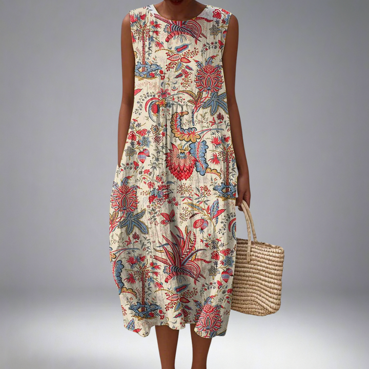 Women's Vintage Ethnic Art Flower Print Sleeveless Cotton Pocket Wrap Dress
