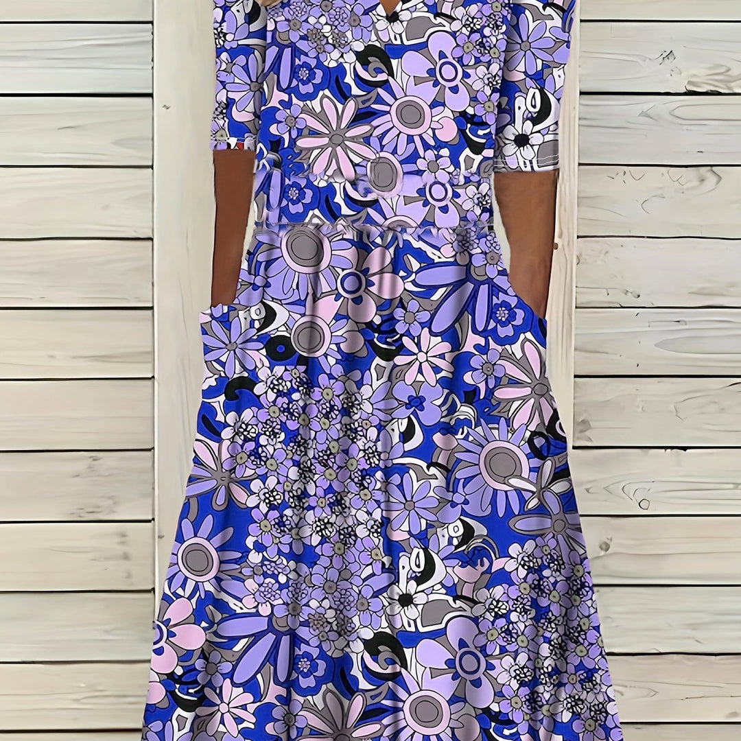 Gabi™-Elegant Floral Print V-Neck Midi Dress