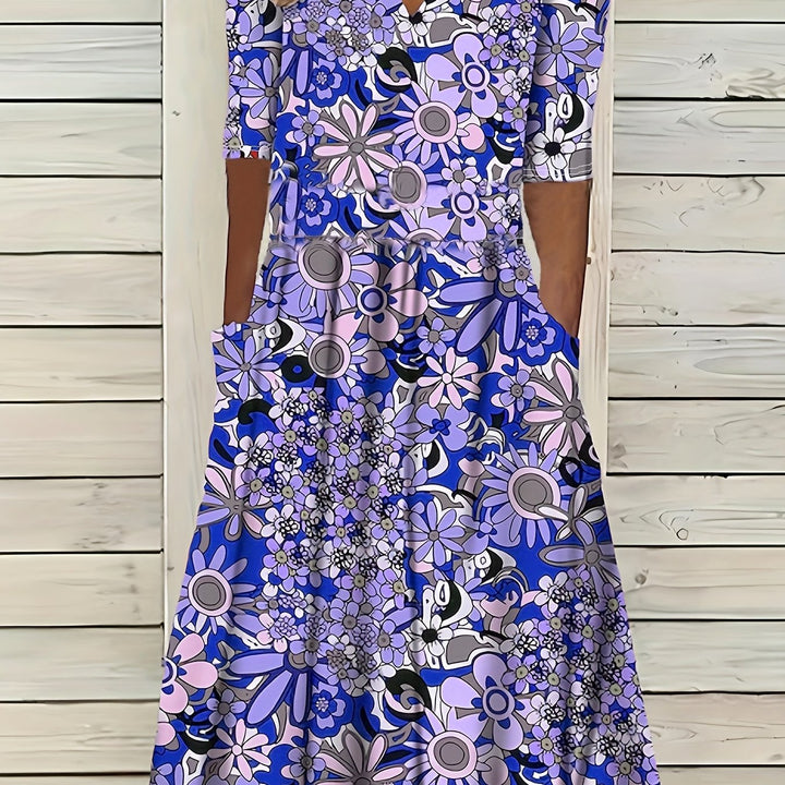 Gabi™-Elegant Floral Print V-Neck Midi Dress