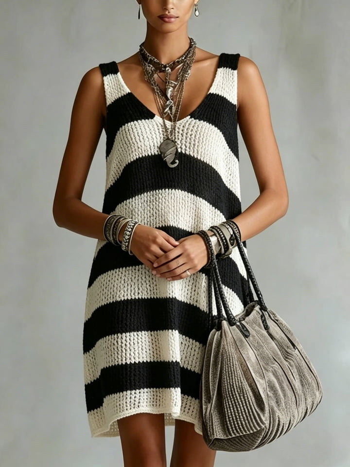 Striped V Neck Knit Casual Mini Dress for Vacation