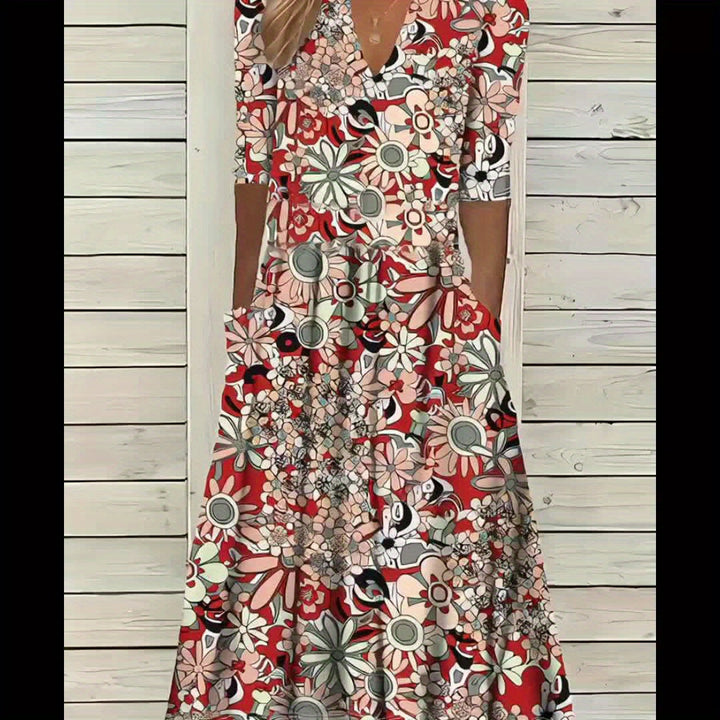 Gabi™-Elegant Floral Print V-Neck Midi Dress