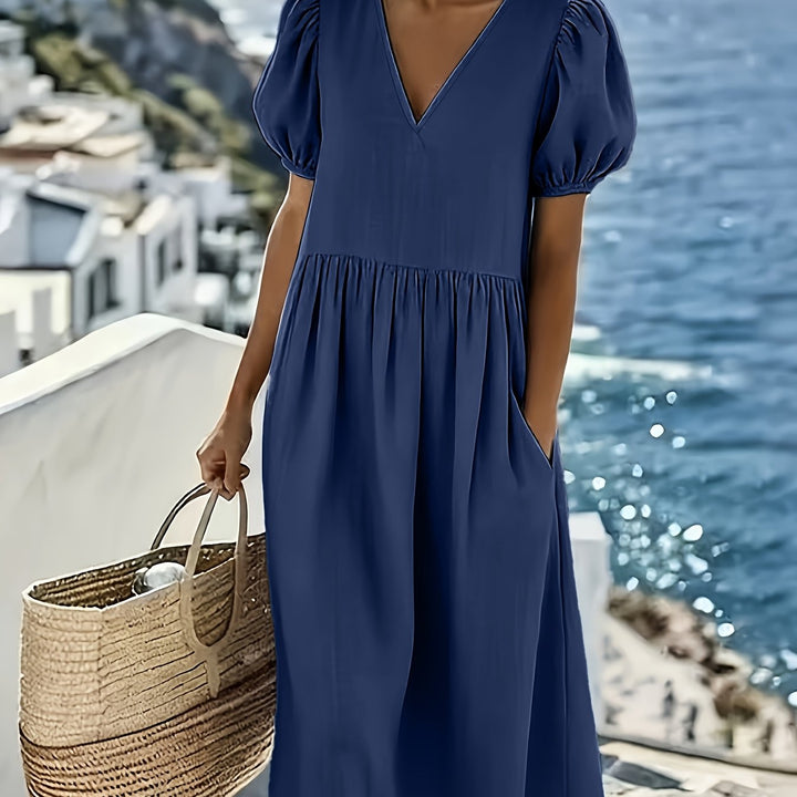 Puff Sleeve V Neck Smocked Waist Flowy Casual Midi Dress