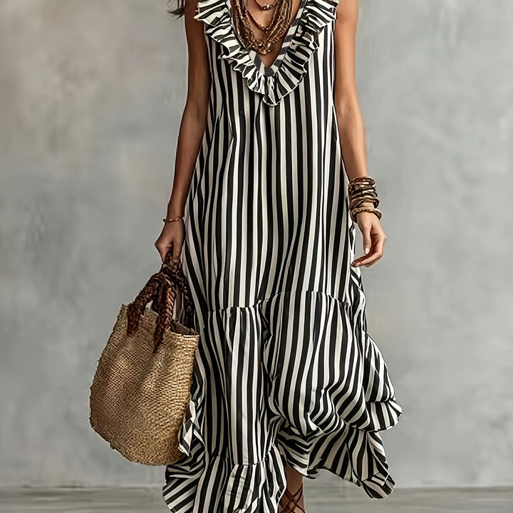 Striped Ruffled V Neck Boho Maxi Dress for Vacation