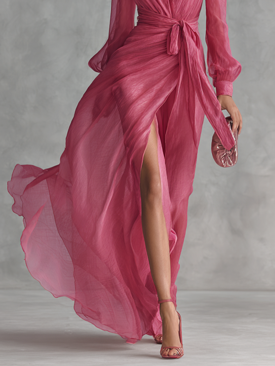 Draped Wrap V Neck Tie Waist Chiffon Maxi Dress - Wedding Guest