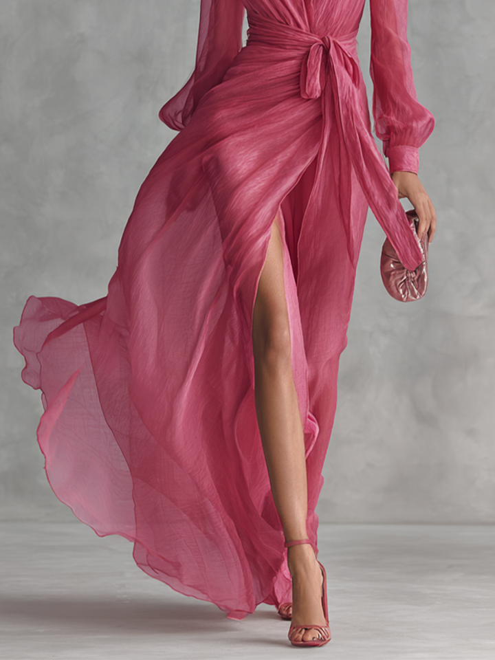 Draped Wrap V Neck Tie Waist Chiffon Maxi Dress - Wedding Guest