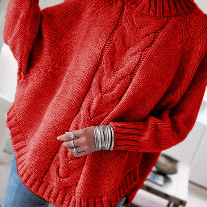 Petra | Women's Wool Cable Knit High Neck Sweater with Flared Hem