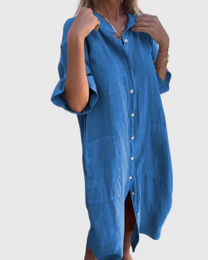 Loose Fit Button Down Midi Dress Pocket Detail