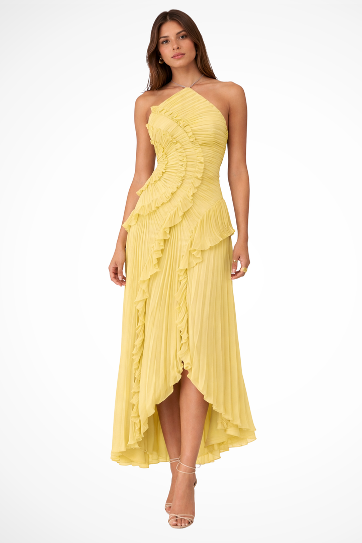 Ruffle Pleated Halter Maxi Dress - Wedding Guest Gown