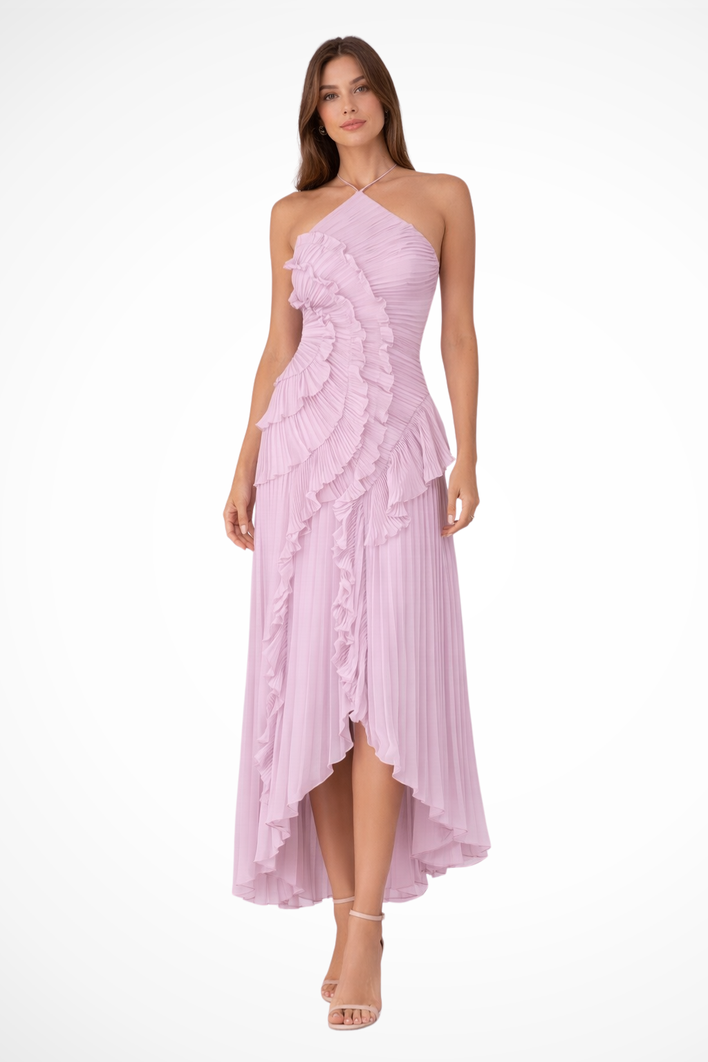 Ruffle Pleated Halter Maxi Dress - Wedding Guest Gown
