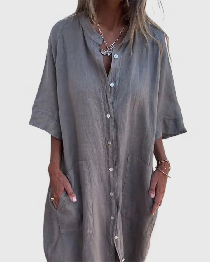 Loose Fit Button Down Midi Dress Pocket Detail