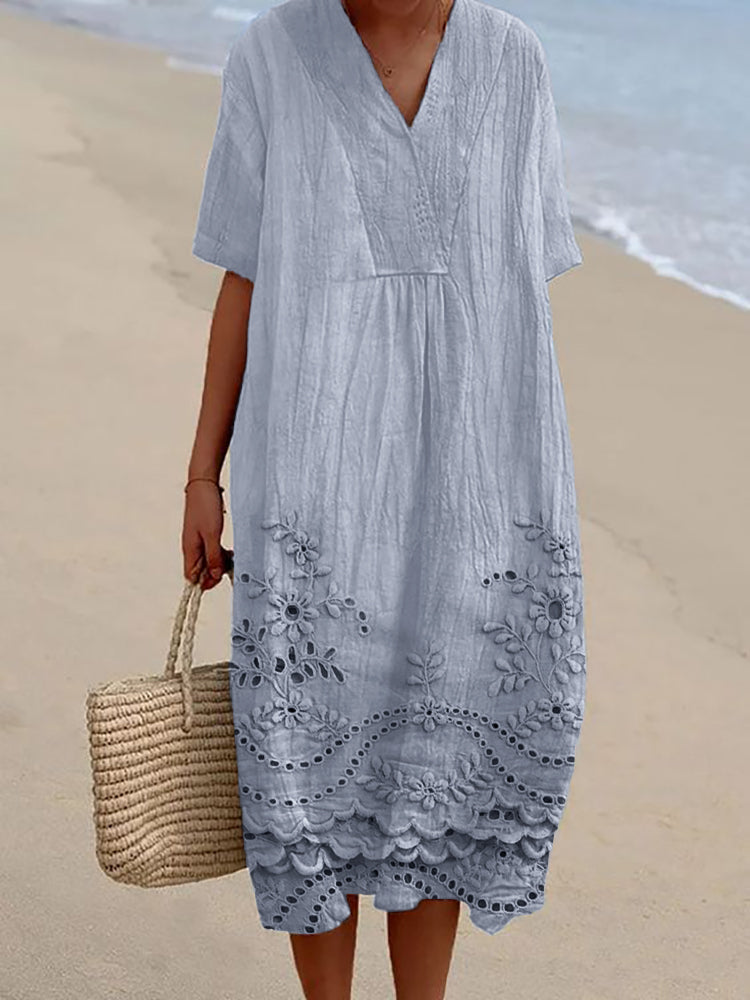 Eyelet Embroidered Hem V Neck Short Sleeve Casual Cotton Midi Dress