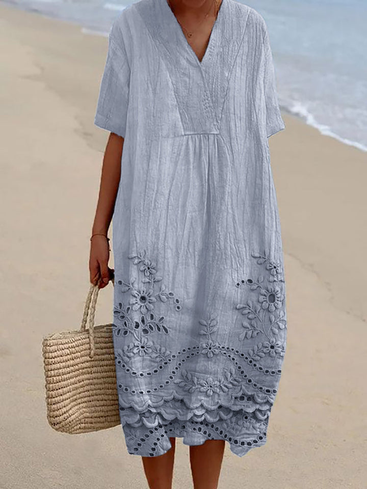 Eyelet Embroidered Hem V Neck Short Sleeve Casual Cotton Midi Dress