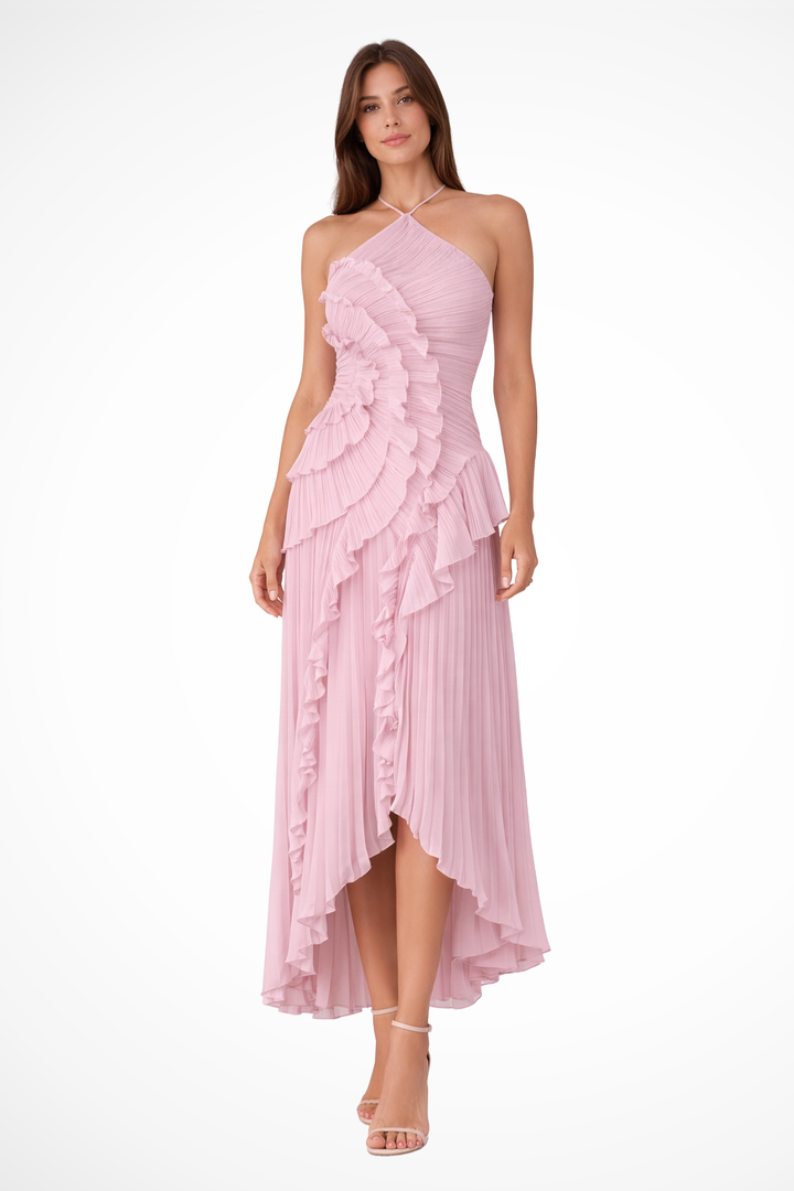 Ruffle Pleated Halter Maxi Dress - Wedding Guest Gown