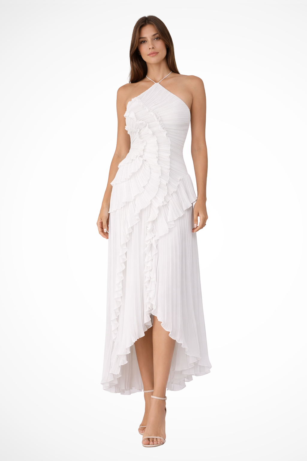 Ruffle Pleated Halter Maxi Dress - Wedding Guest Gown