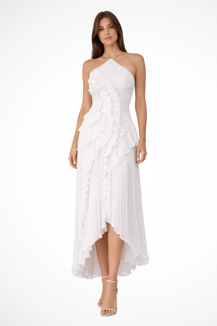 Ruffle Pleated Halter Maxi Dress - Wedding Guest Gown