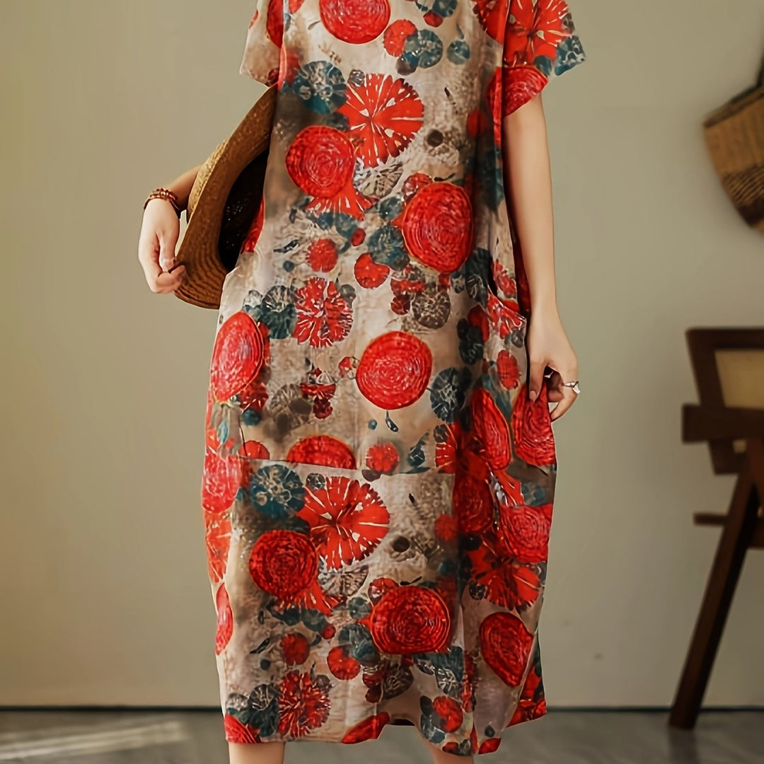 Vintage Botanical Print Crew Neck Short Sleeve Loose Linen Maxi Dress