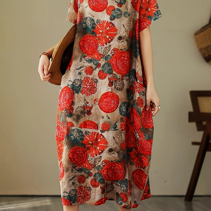 Vintage Botanical Print Crew Neck Short Sleeve Loose Linen Maxi Dress