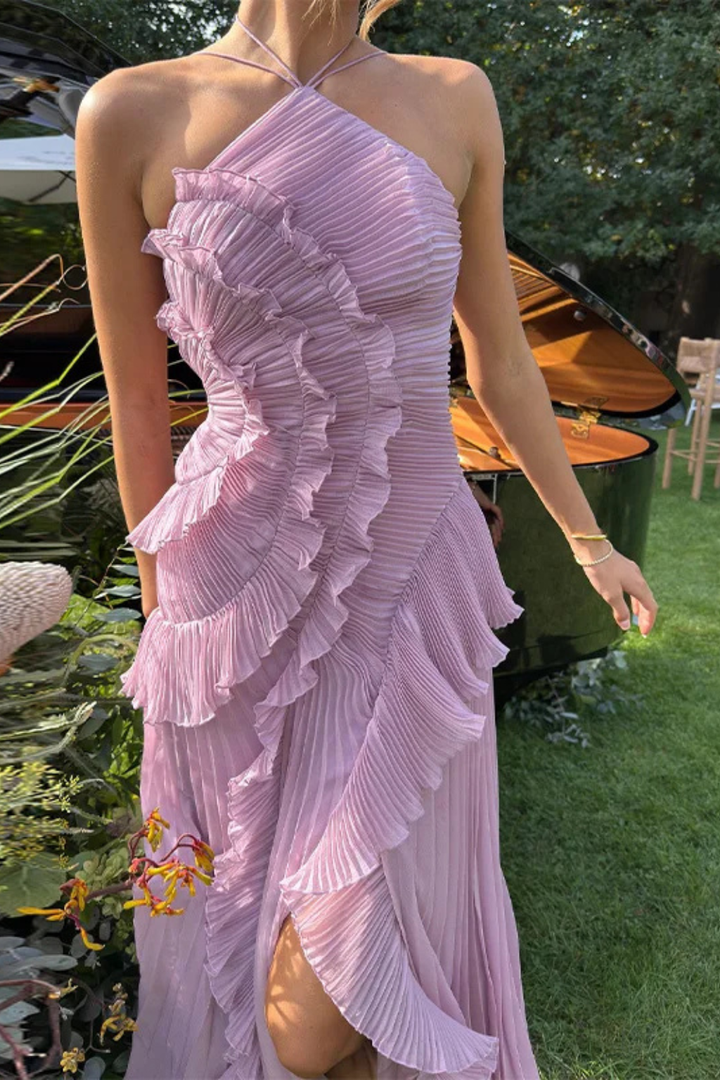 Ruffle Pleated Halter Maxi Dress - Wedding Guest Gown