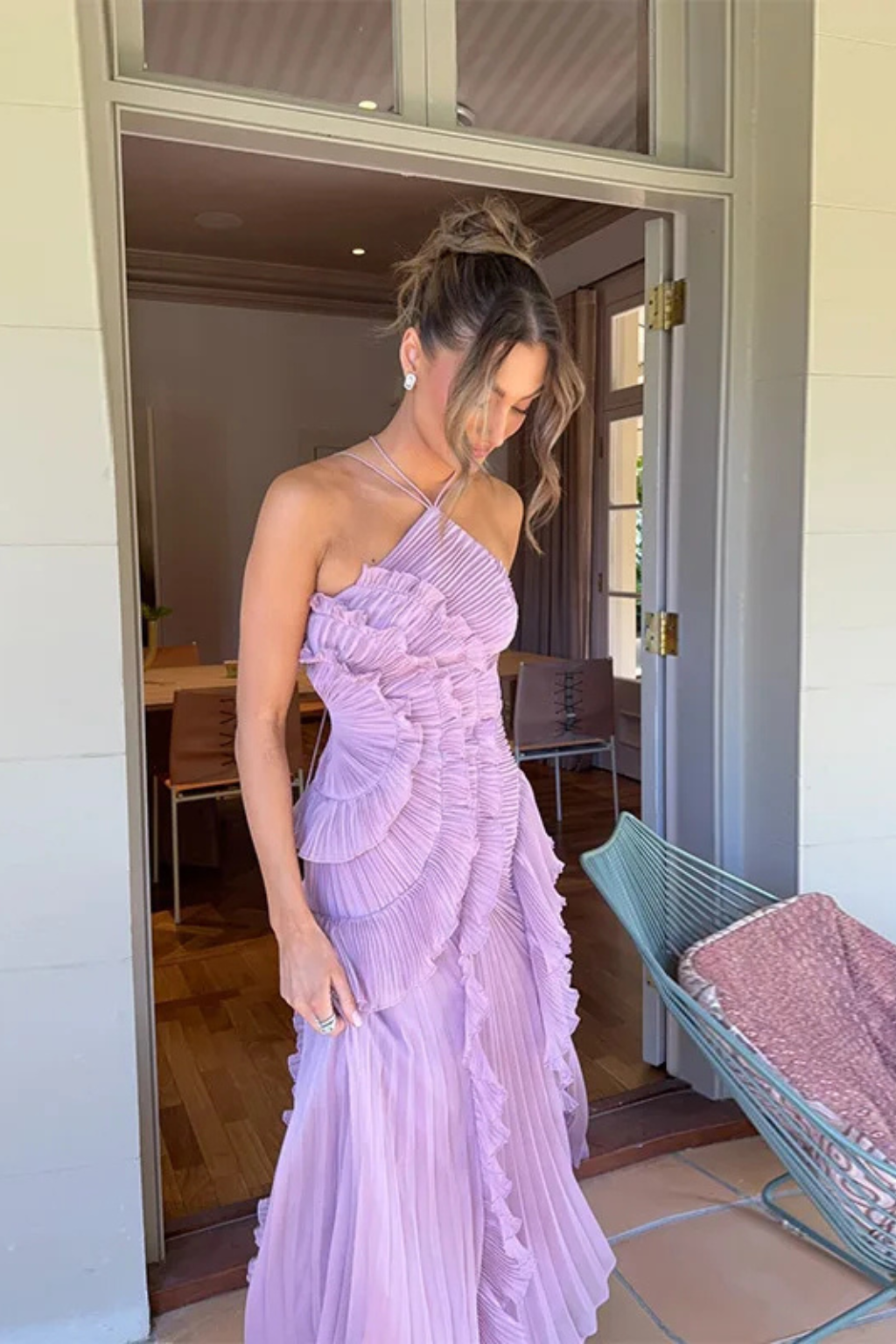 Ruffle Pleated Halter Maxi Dress - Wedding Guest Gown