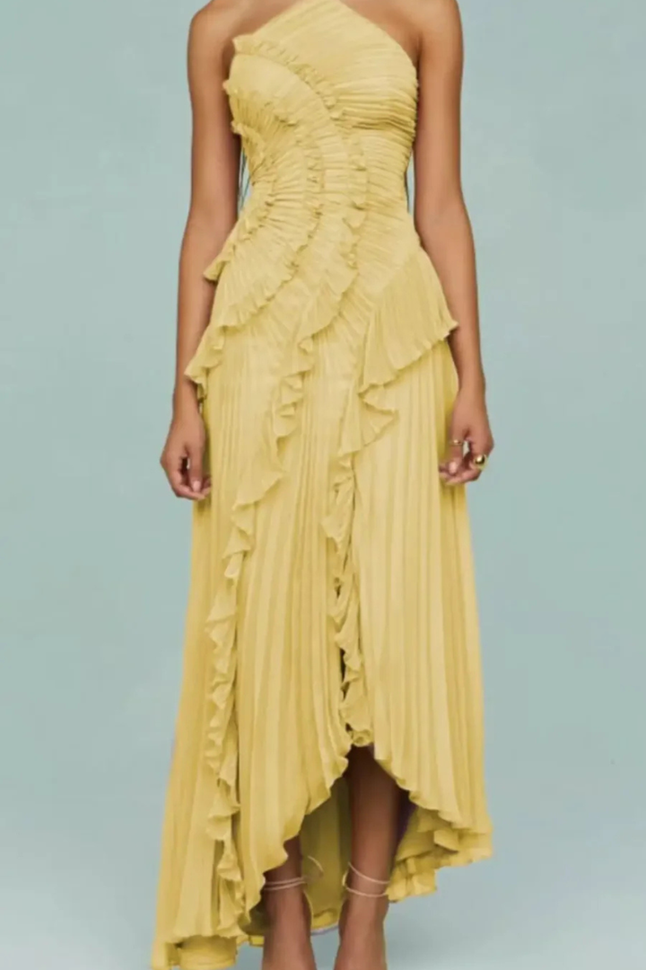 Ruffle Pleated Halter Maxi Dress - Wedding Guest Gown