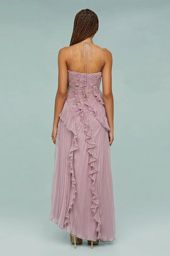 Ruffle Pleated Halter Maxi Dress - Wedding Guest Gown