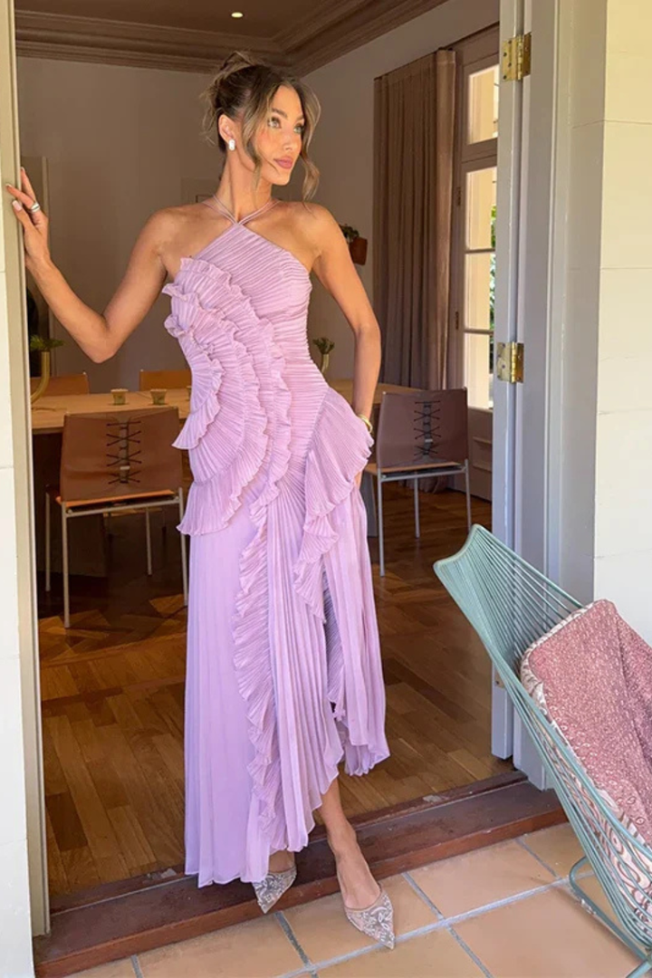 Ruffle Pleated Halter Maxi Dress - Wedding Guest Gown