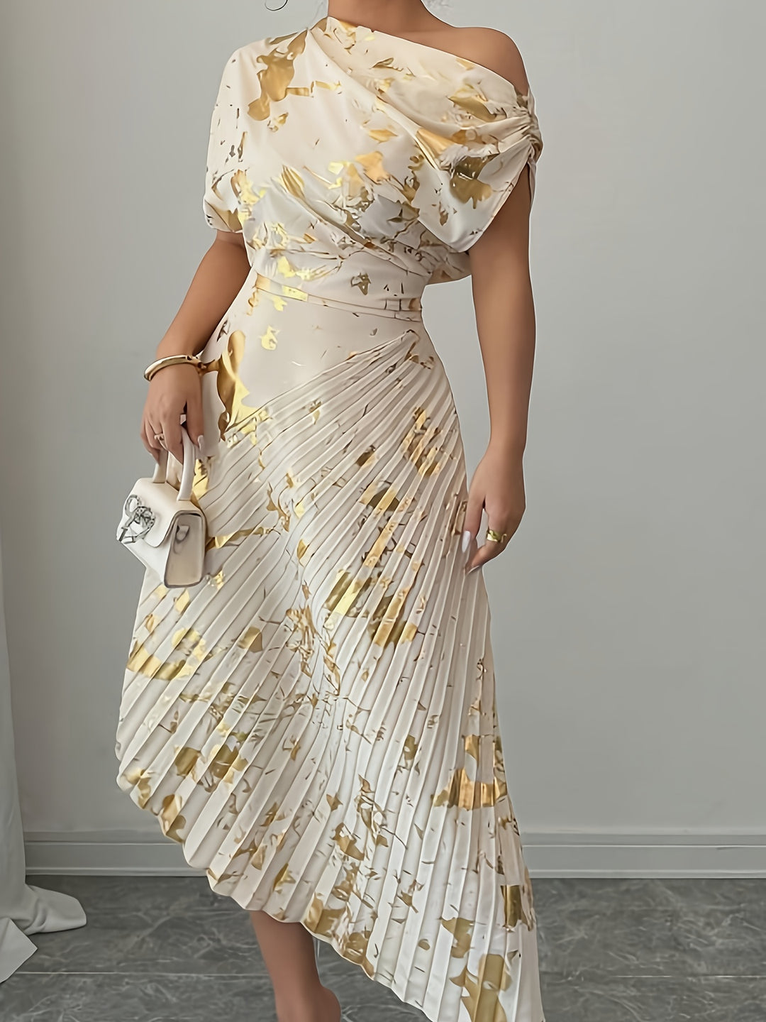Draped One Shoulder Pleated Skirt Midi Dress - Wedding Guest