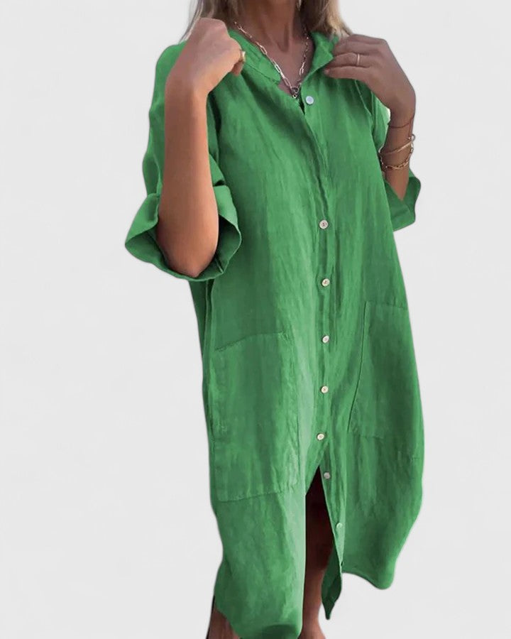 Loose Fit Button Down Midi Dress Pocket Detail