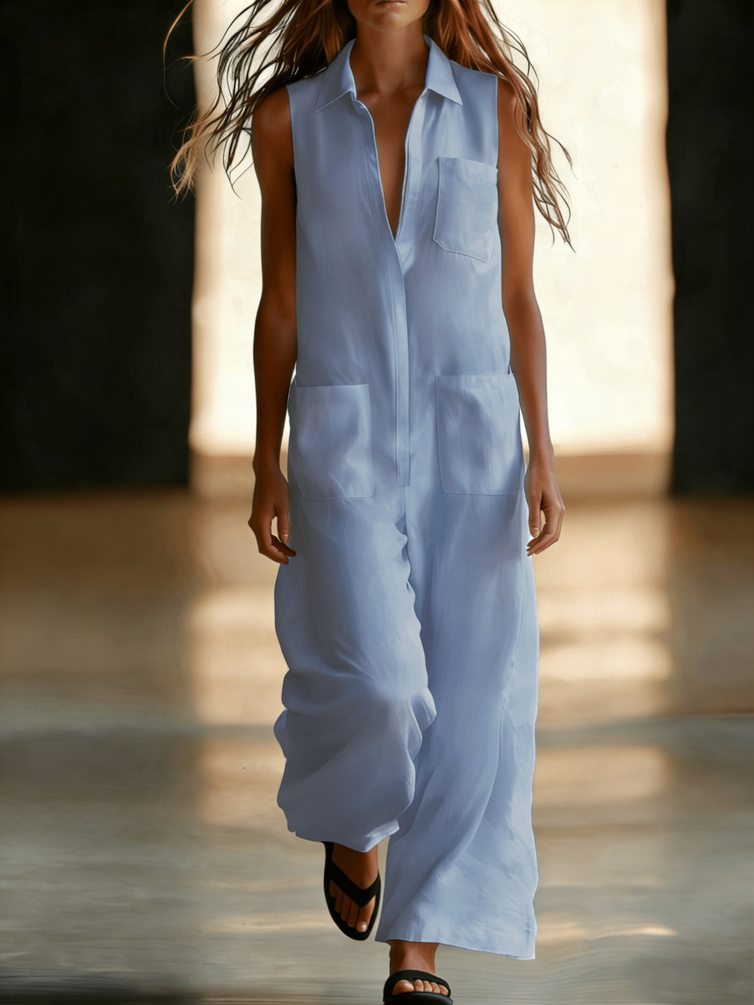 Linen Collared Sleeveless Wide Leg Utility Jumpsuit
