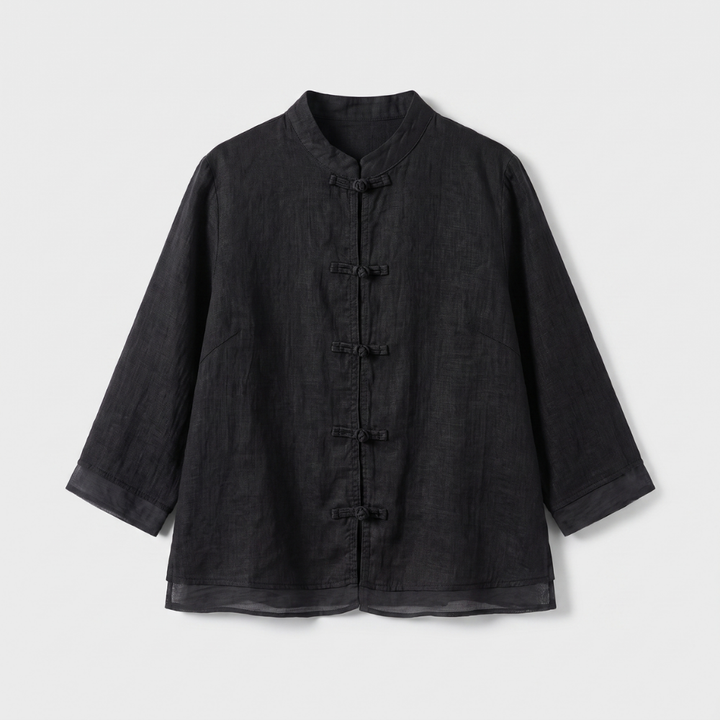 Mandarin Collar Frog Button Linen Blouse for Casual Style