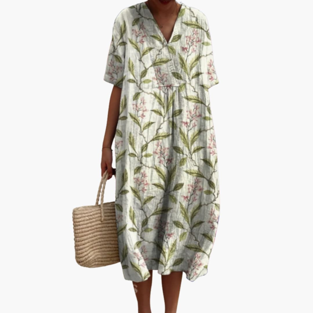 Floral Cotton V Neck Short Sleeve Oversized Casual Midi Dress