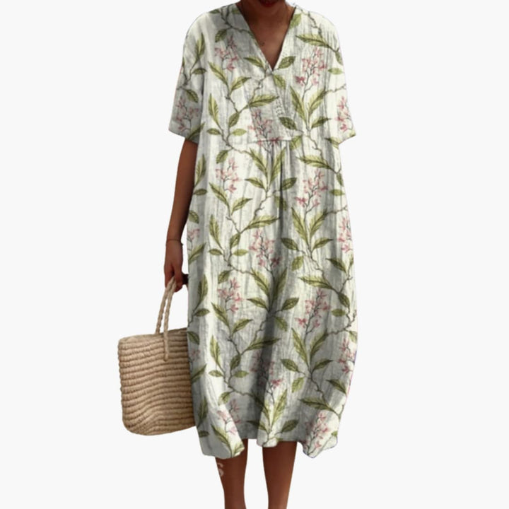 Floral Cotton V Neck Short Sleeve Oversized Casual Midi Dress