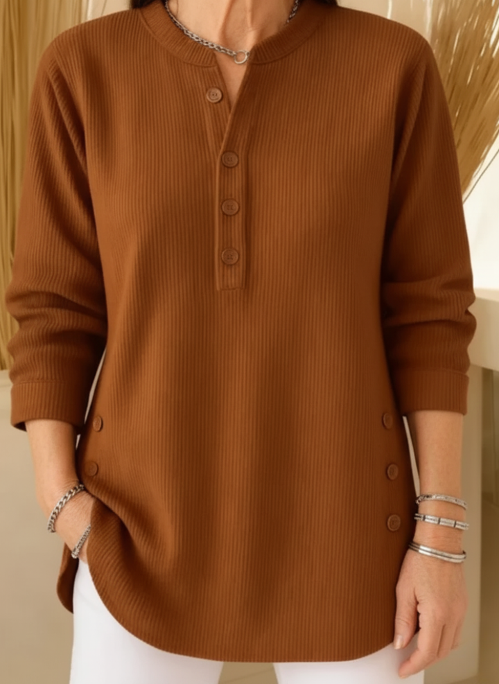 Nysha | Women's Ribbed Knit Henley Tunic Sweater with Button Side Slits