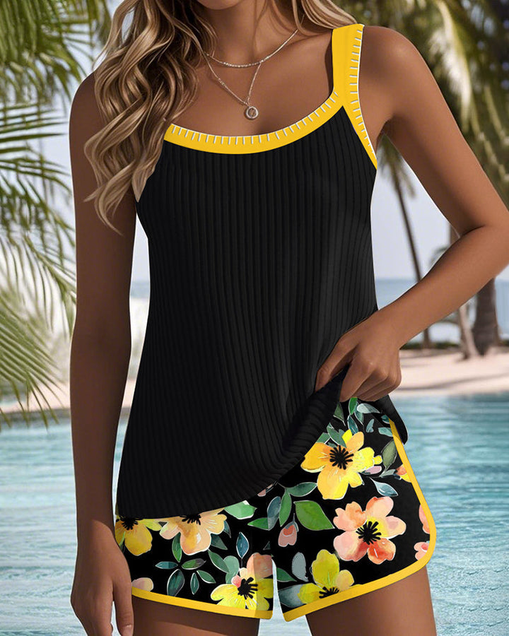 Ribbed Contrast Trim Floral Short Tankini Set