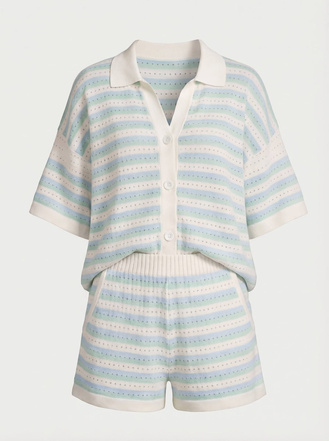 Striped Knit Polo Top and Short Two Piece Set