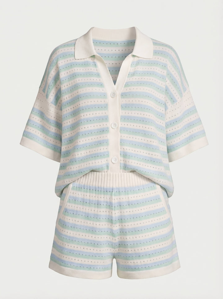 Striped Knit Polo Top and Short Two Piece Set
