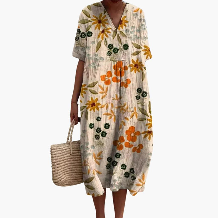 Floral Cotton V Neck Short Sleeve Oversized Casual Midi Dress