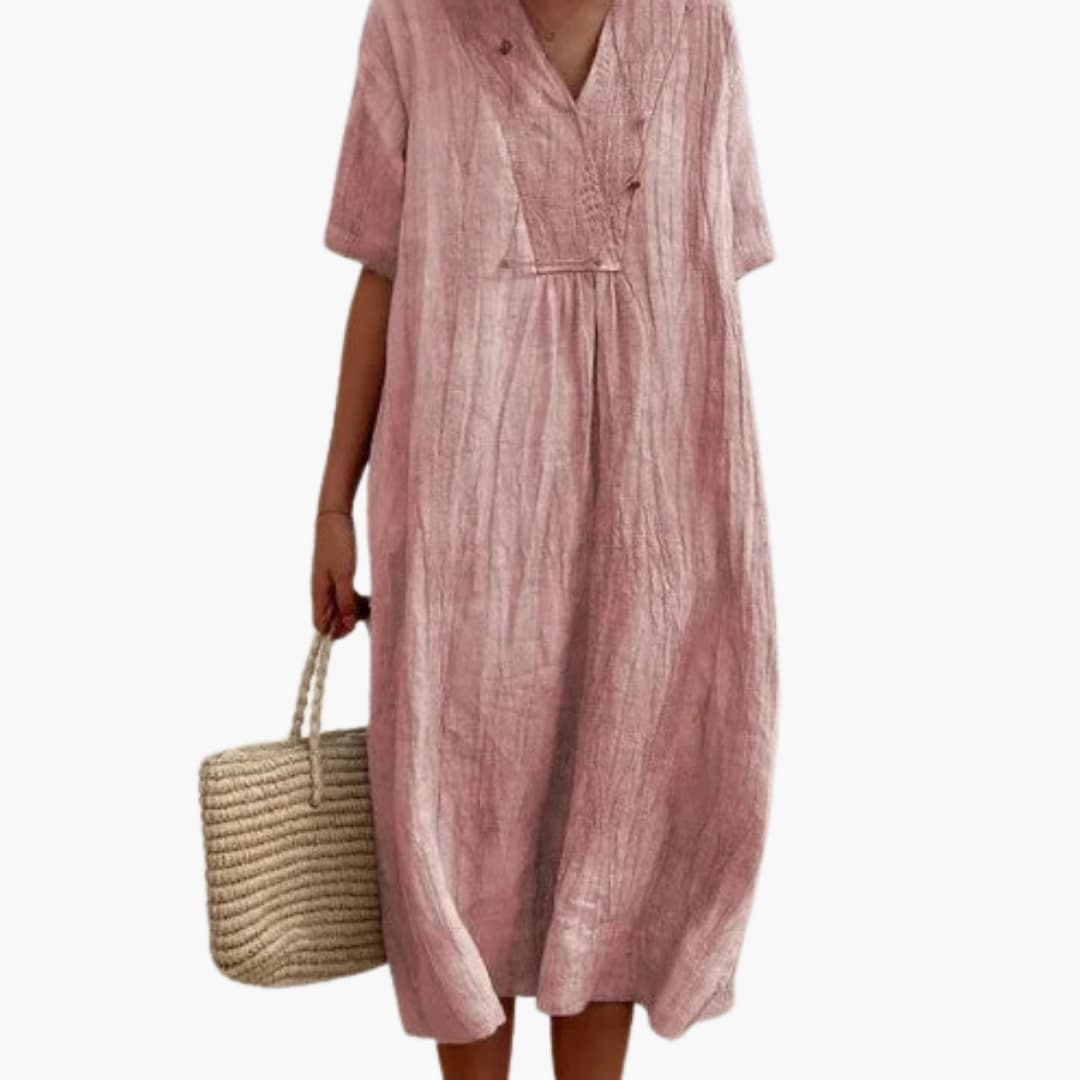 V-Neck Button Placket Relaxed Linen Midi Dress