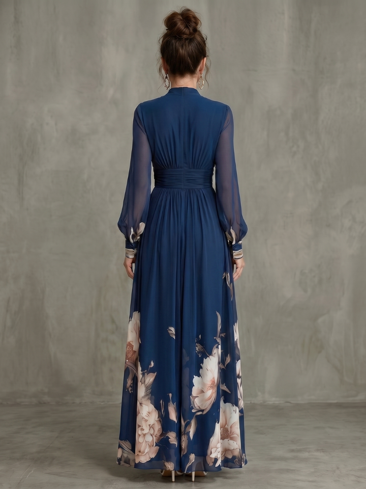 Floral Border Print V Neck Sheer Sleeve Flowy Maxi Dress - Formal Evening Gown