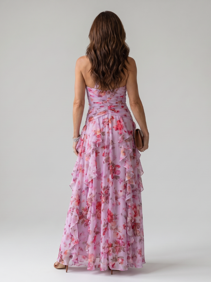 Floral Halter Neck Ruched Bodice Ruffle Flowy Maxi Dress - Wedding Guest