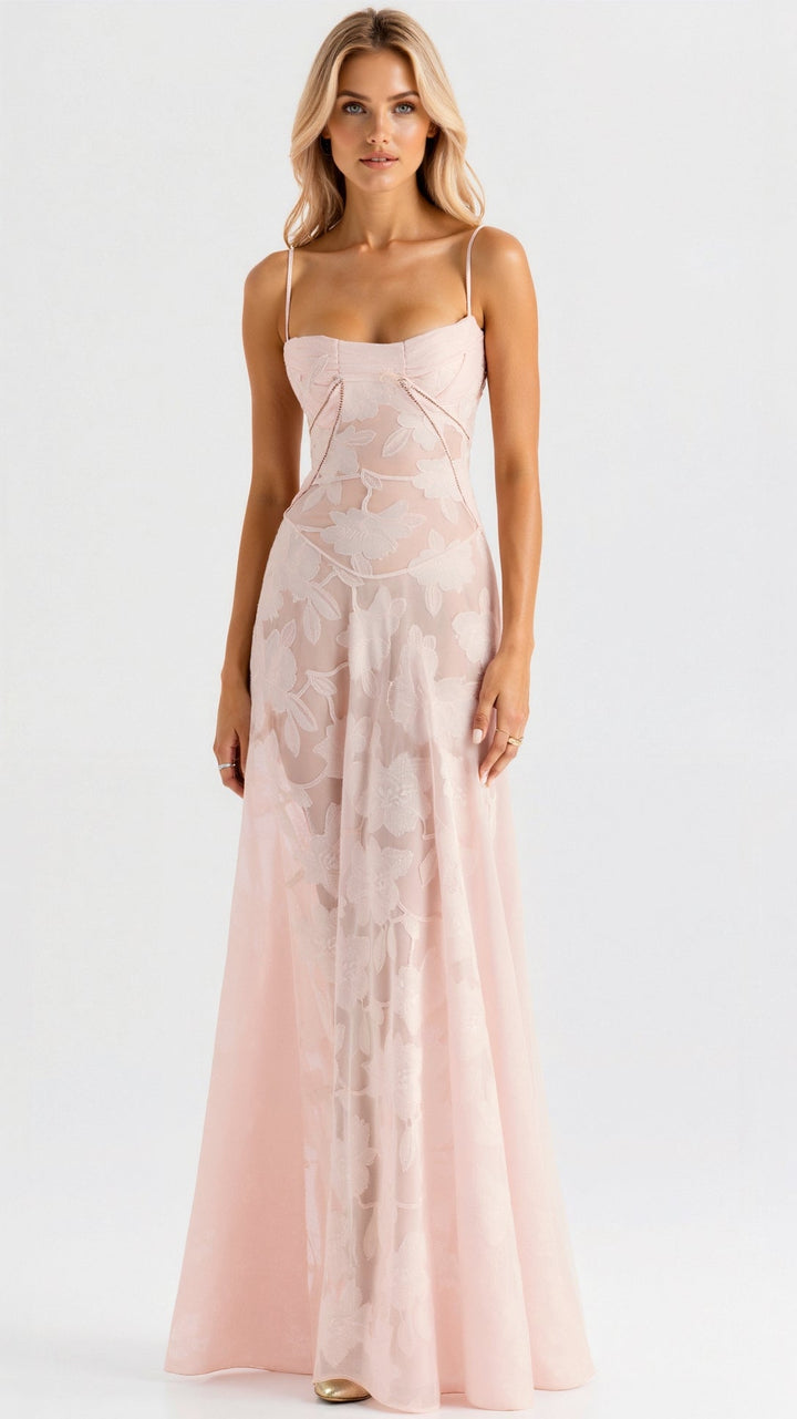 Jacquard Bustier Sweetheart Spaghetti Strap Maxi Dress - Formal Evening Gown