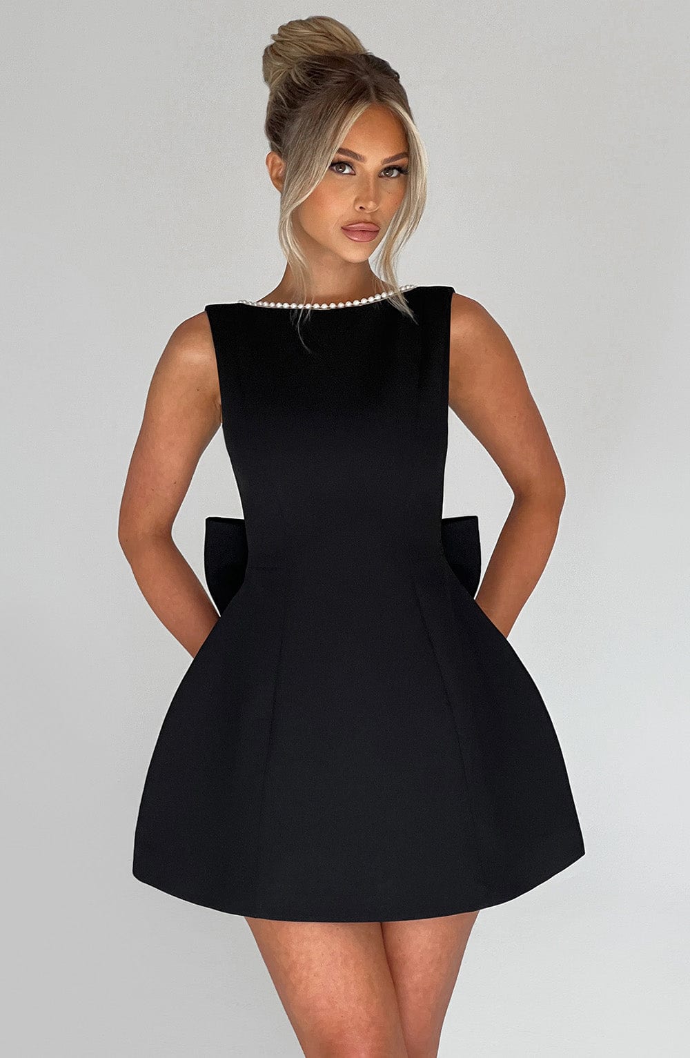 Pearl Trim Bow Detail Structured Sleeveless Mini Dress - Wedding Guest
