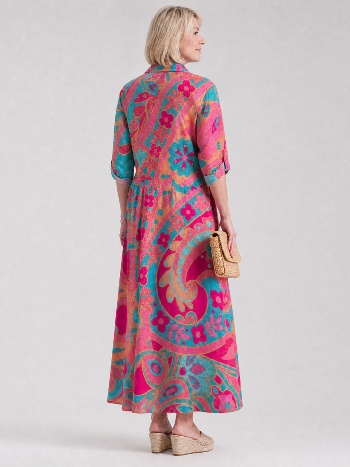 Paisley Print Button Front Collared 3/4 Sleeve Shirt Maxi Dress